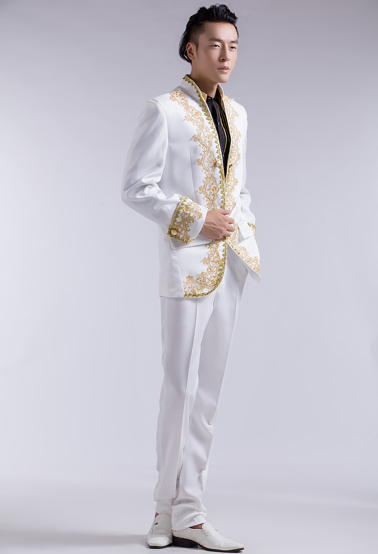 Wholesale-NEW Chinese wedding tuxedo gold embroidery applique men white for wedding men gold suits