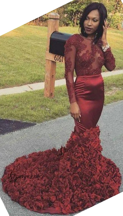 Sexy Elegant Mermaid Burgundy Black Girl Prom Dress South African Backless Long Sleeve Evening Party Gown Custom Made Plus Size