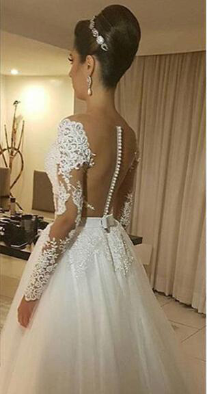 Elegant Modest A-line Dubai Saudi Arabic Style Wedding Dress Vintage Appliques Lace See Through Back Long Bridal Gown Custom Made Plus Size