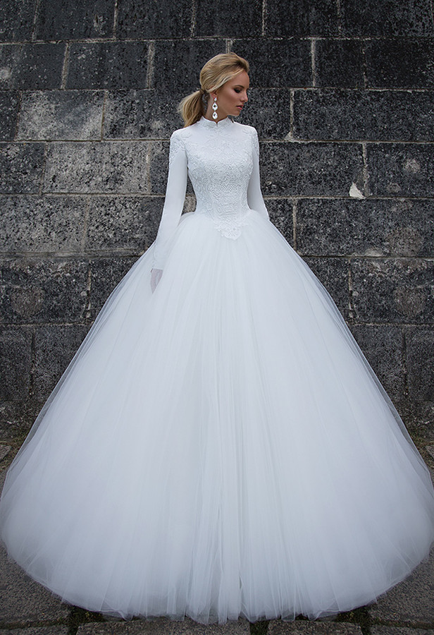 White Lace Ball Gown Muslim Wedding Dresses With Long Sleeves High Neck Wedding Dress Sweep Train Tulle Bridal Gowns