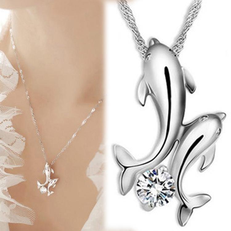 Pendant Necklaces Cute Dolphin necklace 925 Silver Double Dolphin Rhinestone Short Chain Pendant Necklace Women Fashion Jewelry Pi