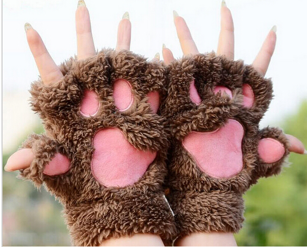 Woman Winter Fluffy Bear/Cat Plush Paw/Claw Glove-Novelty soft toweling lady's half covered gloves mittens christmas gift G390