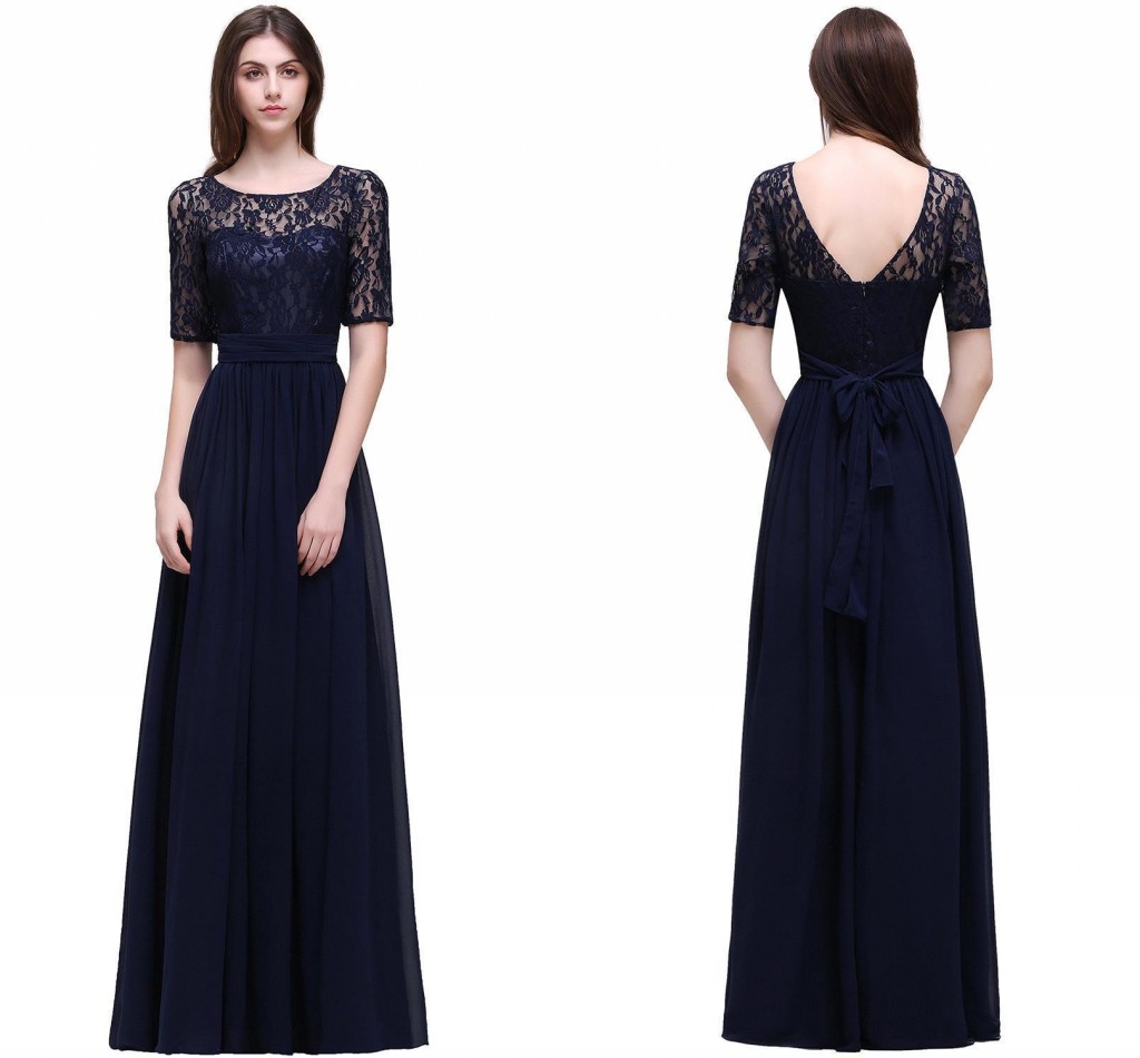 Real Photo Dark Navy Chiffon A Line Evening Dress with Short Sleeves Scoop Neck Lace Top Long Prom Dresses Elegant Formal Evening Gowns
