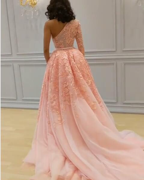 Sparkly Overskirt Mermaid Formal Dresses Evening Wear One Shoulder Long Sleeve Lace Evening Gowns Sweep Train Tulle Sequined Prom Dress