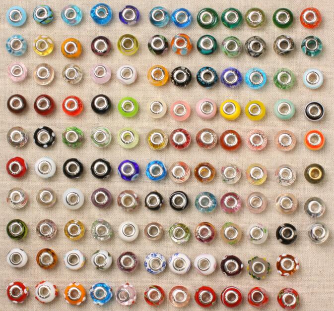 Whole 50pcslot Big Hole Beads for European Bracelet Lamwork coloured glaze DIY Charms Fit Beaded Bracelets Mix