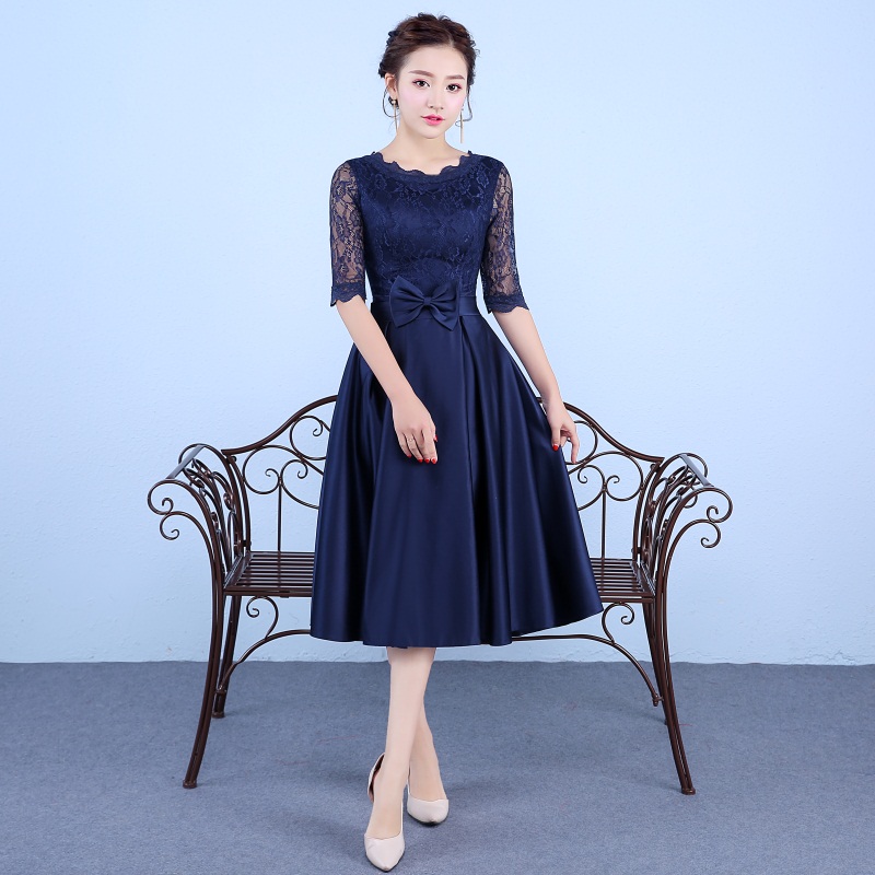 New Navy Blue Evening Dresses with Half Sleeve Elegant High Neck Satin Bride Gown 2017 Ball Prom Party Homecoming/Graduation Formal Dress