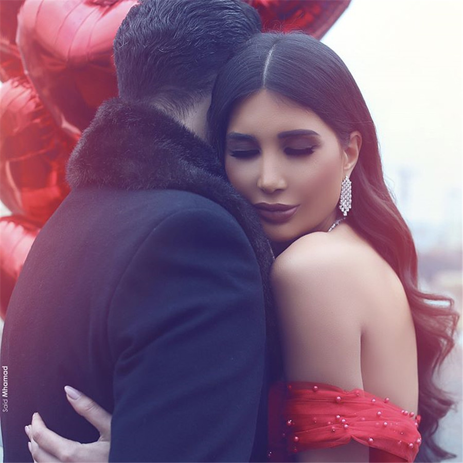 Saidmhamad Saudi Arabia Off the Shoulder Evening Dress Red Crystals Pearl Beading Sexy Sweetheart Party Prom Gowns