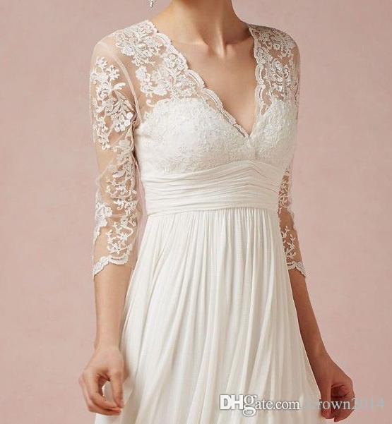 Lace Knee Length Beach Wedding Dress With V-Neck 3/4 Sleeve Ruffles Empire Backless Chiffon Summer Short Bridal Gowns Fashion
