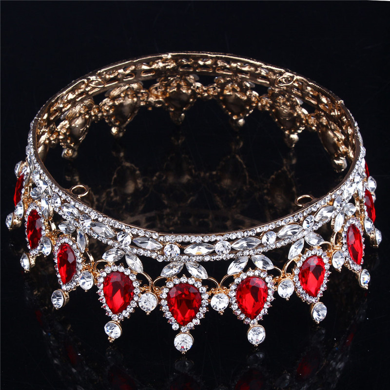 European Designs Royal King Queen Crown Ruby Teardrop Rhinestone Tiara Hair jewelry Quinceanera crown Wedding bride Pageant Tiaras