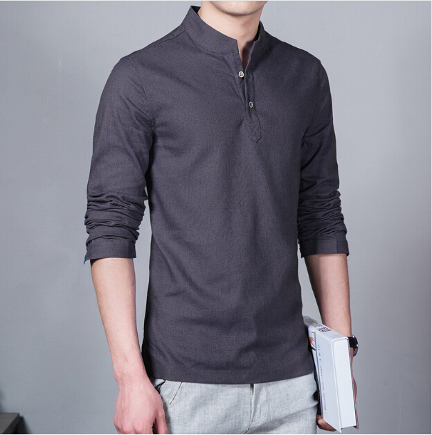 New Spring Summer Casual en Shirt Long Sleeve Solid V Neck Collar Leisure Shirts Men Clothing Morning Exercise Clothes
