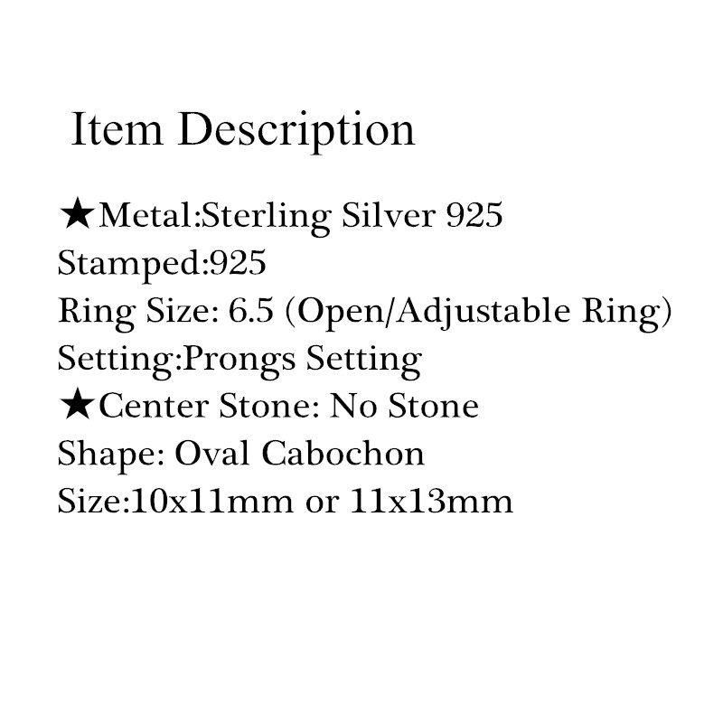 Fine Silver 925 Sterling Silver Engagement Wedding Ring Setting 10x11mm or 11x13mm Oval Cabochon Semi Mount Jewelry Setting
