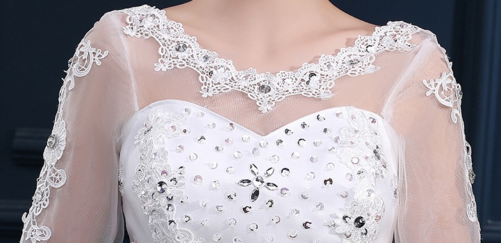 In Stock Ivory Ball Gown Wedding Dresses Under 100 Sheer Neck Floor Length Lace Tulle Beaded Crystal Lace Up 3 4 Sleeve Bridal Gowns Cheap