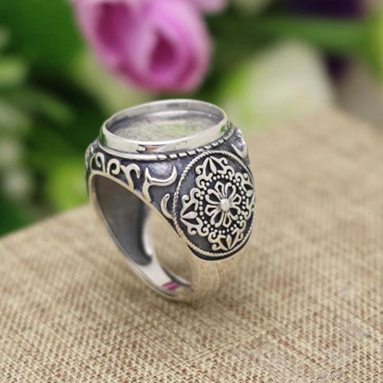 Vintage Antique Men Party Ring 925 Silver 14x16mm Oval Cabochon Semi Mount Ring Fine Silver Jewelry Setting