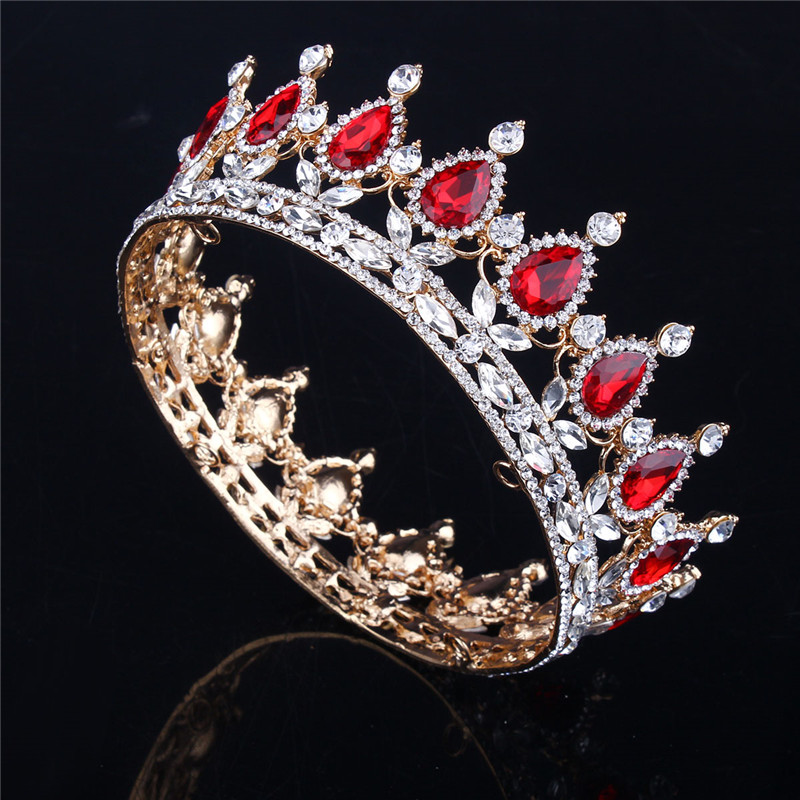 European Designs Royal King Queen Crown Ruby Teardrop Rhinestone Tiara Hair jewelry Quinceanera crown Wedding bride Pageant Tiaras