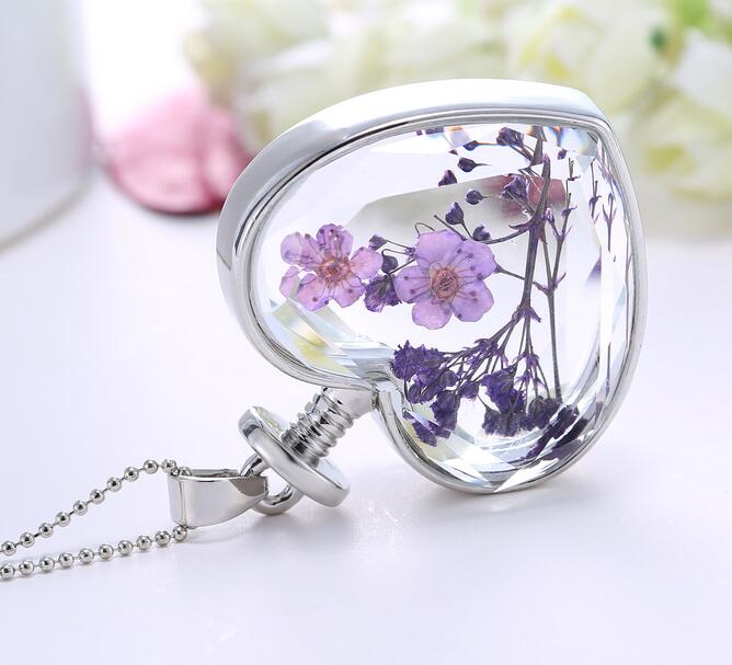 Charms purple flower Women Dry Flower Heart Glass Wishing Bottle Pendant Necklace G75