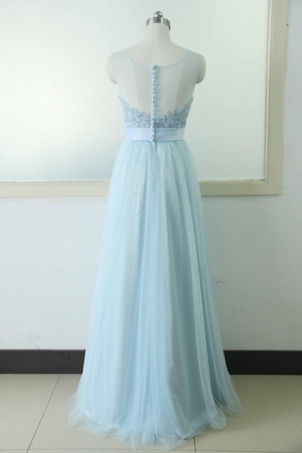 Blue 2023 Sexy Evening Dresses Plus Size Sheer Neck Applique A-line Long Tulle Prom Backless Formal Evening Gowns