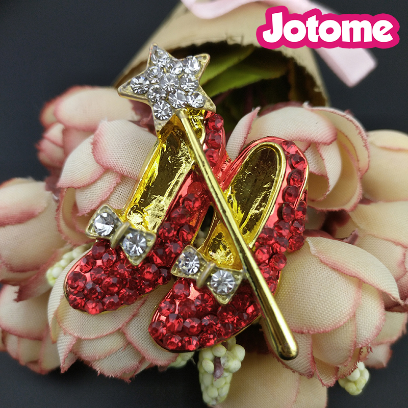 50pcs/lot Gold Tone Crystal Dorothy Wizard Of Oz Style Brooches Red High Heeled Shoes brooch Bow and Star Lapel Pin