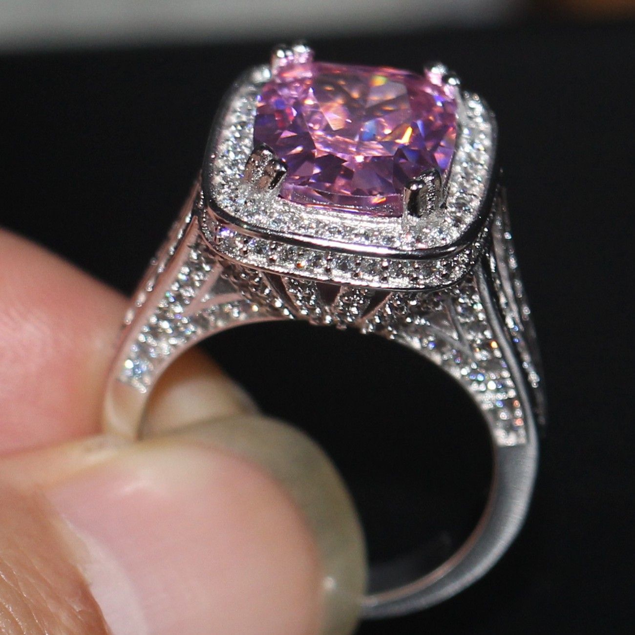 Top Sell Luxury Jewelry Solitaire 14KT White Gold Filled Cushion Shape Big Pink Sapphire Gemstones Wedding Women Band Ring Gift Size 5-11