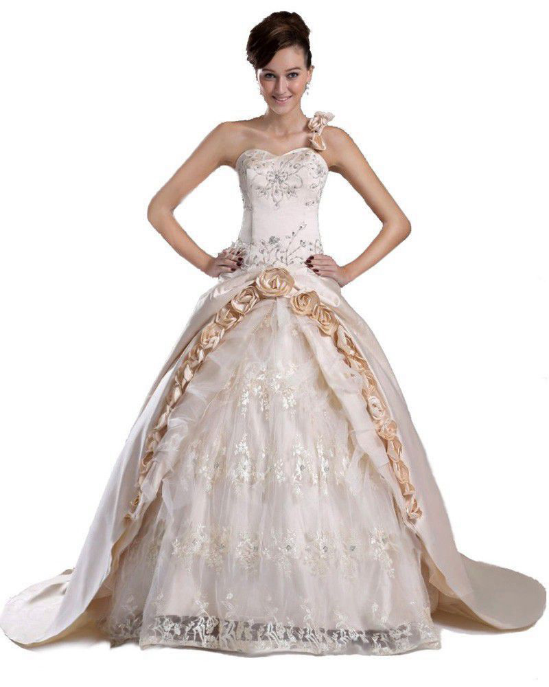 2017 New Champagne Lace Ball Gown Wedding Dresses with Appliques Beaded Cheap Plus Size Bridal Gowns Stock Size 2-16 QC108