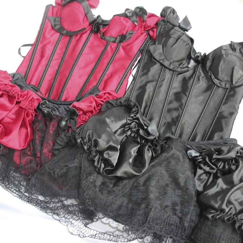 Women Burlesque Clubwear Halter Overbust Corset with Elasticated Ruffled Sleeves and Frilly Layered Lace Tutu Skirt Halloween Costume