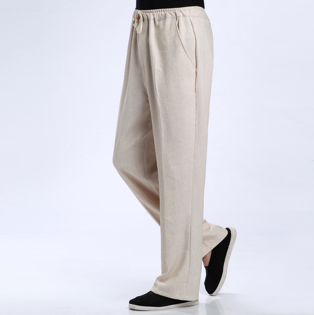 Wholesale-Beige Chinese Men's Linen Pants Trousers Casual Active Free Shipping Size M L XL XXL XXXL 2505-1