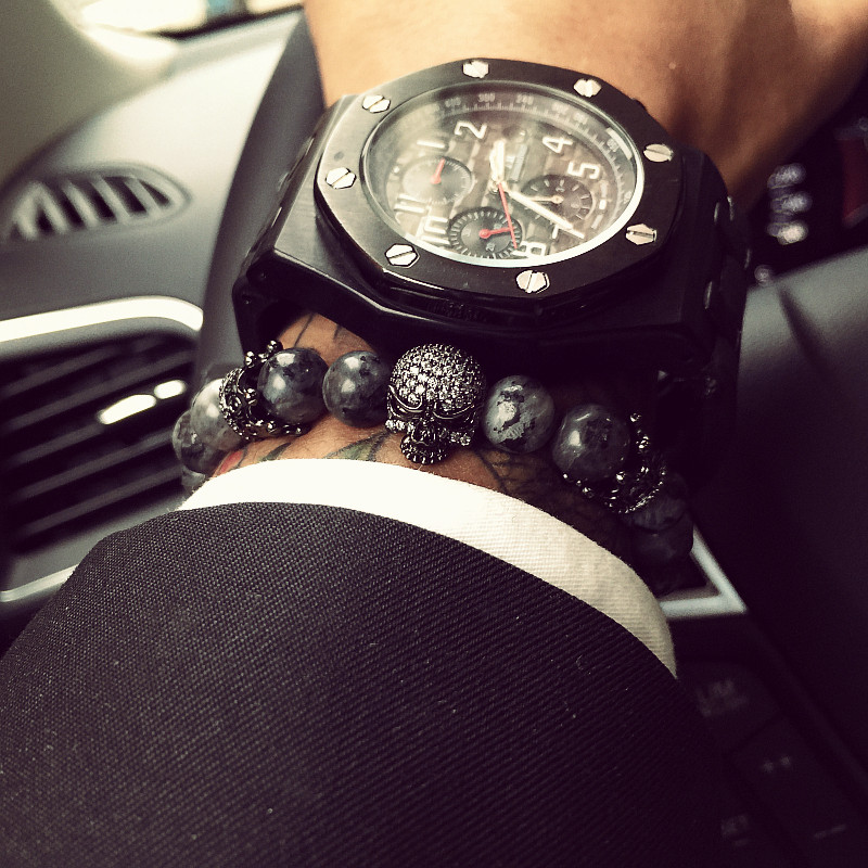 Fashion male skull bracelet grey Strands stone beads bangle gift rown & Matte Black Onyx Women Gift Valentine's Day Holiday Christmas