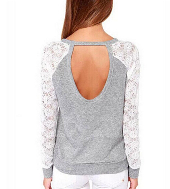 New Spring Autumn Women Backless Embroidery Lace Casual Hoodies Long Sleeve Sweatshirts Ladies Free Shipping