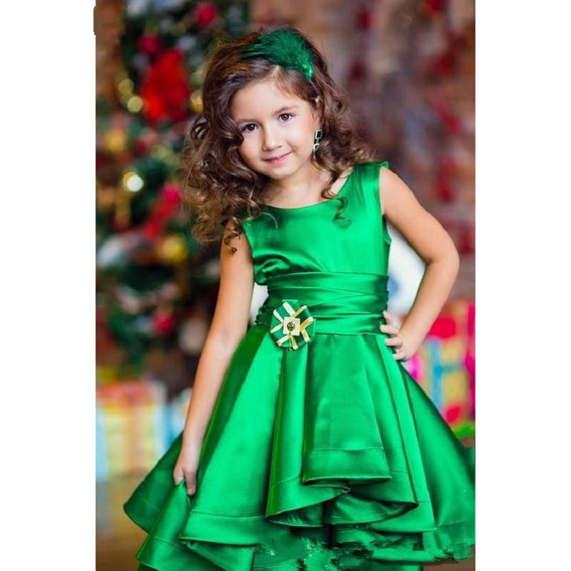 Hi Lo Green Satin A Line Pleats Sash Girls Flower Girls Dresses Kids Formal Children Birthday Dresses Girls Pageant Gowns
