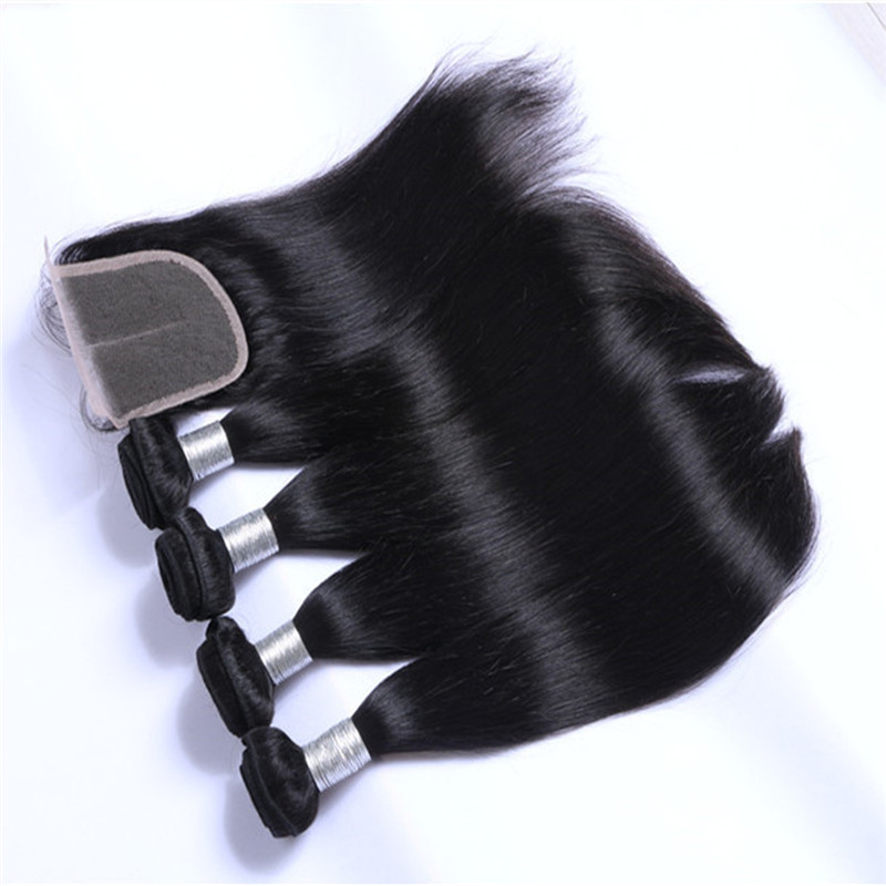 Brazilian Straight Human Hair Weaves Extensions 3 Bundles with Closure Free Middle 3 Part Double Weft Dyeable Bleachable 100g/pc