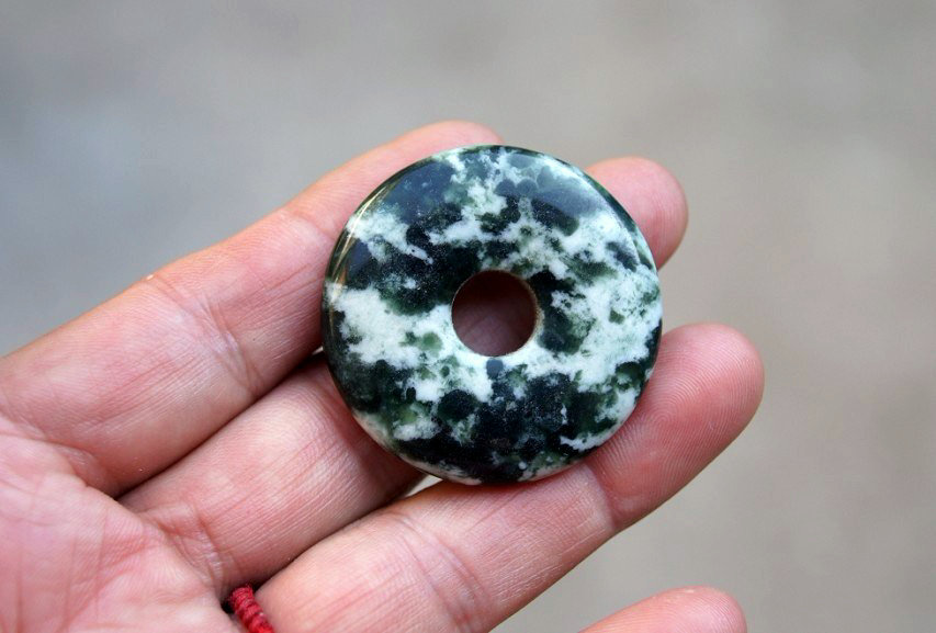 Handmade carving, natural black and white jade, peace button. Necklace, pendant.