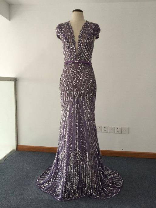 Real Images Bling Deep V Neck Mermaid Evening Gowns Beaded Vestidos Ziad Nakad Sweep Train Modest Prom Dresses High Quality Cap Sleeve