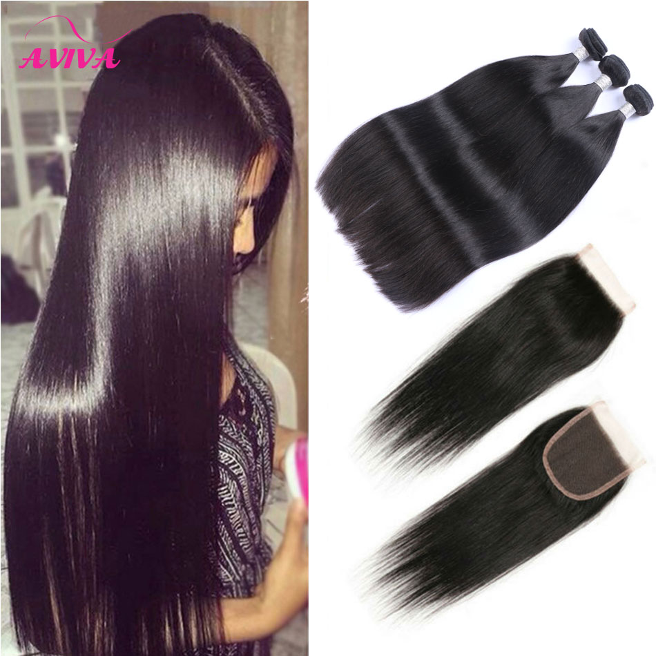 

9A Lace Closure With Brazilian Virgin Hair Weave Bundles Unprocessed Peruvian Malaysian Indian Cambodian Straight Remy Human Hair Extensions, Natural color