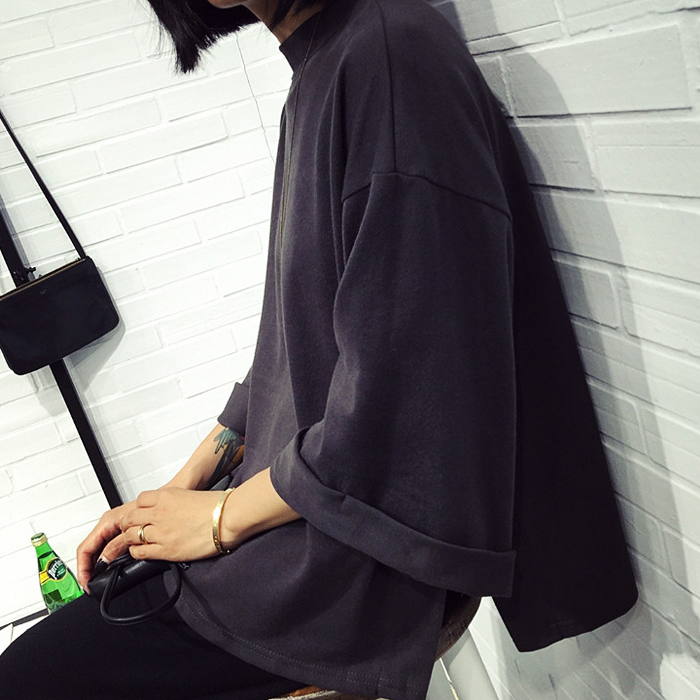 Wholesale-Fashion Cotton tshirt Women 2016 New Summer T-shirt Seven Sleeved Solid Turtleneck High Collar Casual T-shirt Tops Women's Tee