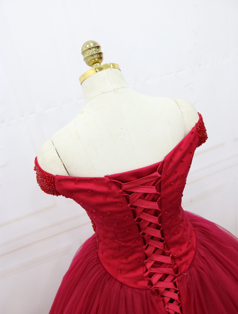 Sparkling Quinceanera Dresses Ball Gown Dark Red Evening Dress Lace-up Back Pleats Tulle Sweep Train quinceanera dresses