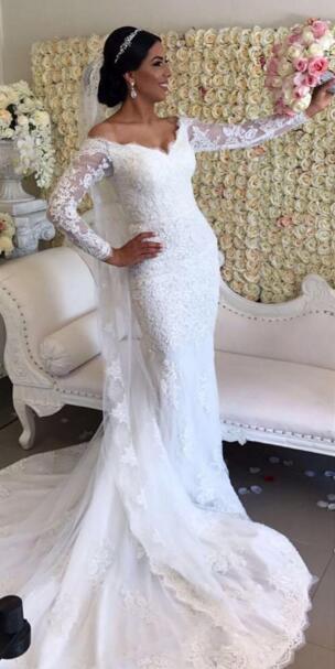 Elegant 2017 Lace Mermaid Wedding Dresses With Illusion Long Sleeve Off The Shoulder Court Train Bridal Gowns Custom Made China EN8223
