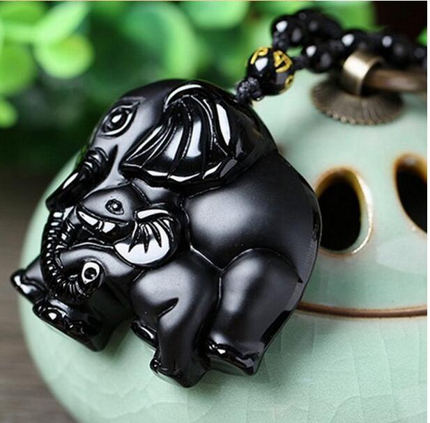 Black Obsidian Mother-Baby Elephant Pendant Necklace - Handcrafted Natural Stone Jewelry Charm for Women