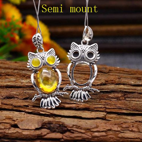 5x5mm Round 13x16mm Oval Cabochon Semi Mount Pendant Sterling Silver 925 Owl Art Nouveau Antique Vintage