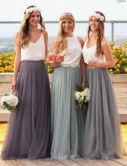 Bohemian Spaghetti Two Tone Bridesmaid Dresses Long Beach Boho Tulle Spaghetti Jewel Neck Floor Length Maid Of Honor Gown EN7254