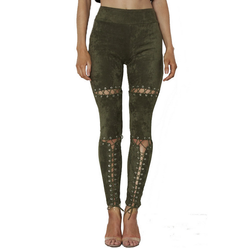 Wholesale- 2017 Sexy High Waist Suede Leather Straps Women's Solid Color Pant Summer Style Skinny Pencil Leggings Pants for Women