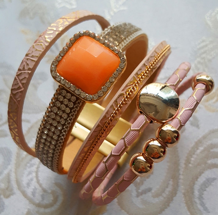 New Gem Rhinestone Magnetic Leather Bracelets Bangles Bohemian Handmade Multilayer Wrap jewelry Women gift pulseira