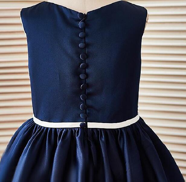 Lovely Navy Blue Satin Applique Tea-Length Girl's Pageant Dresses Flower Girl Dresses Princess Party Dresses Custom Made 2-14 F625146