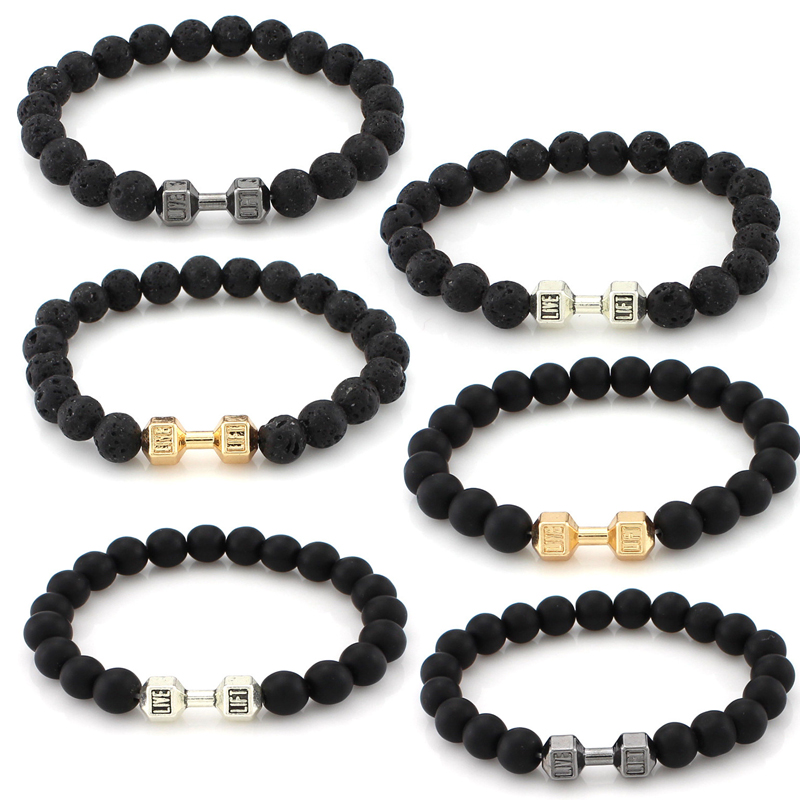 Kimter Fitness Barbell Dumbbell Bracelet Natural Stone Bangle for Women Men Essential Oil Diffuser Jewelry Gym Yoga Bracelets B337S F