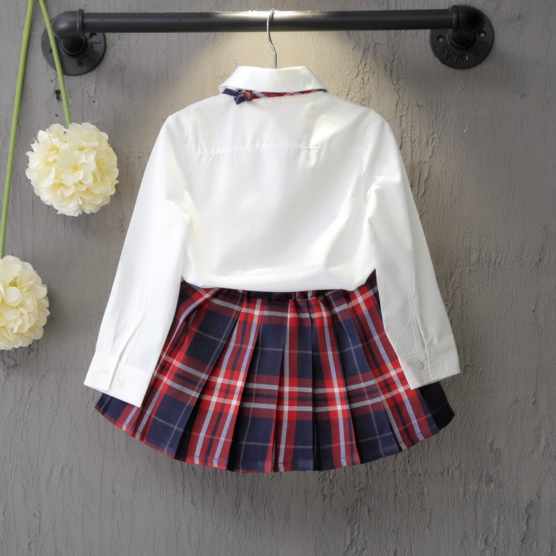 Autumn&Spring New School Style Fashion Baby Girls Dress Set White Shirt Top With Plaid Knot Tie+Plaid Mini Skirt 3 Pcs Sets 3-7T