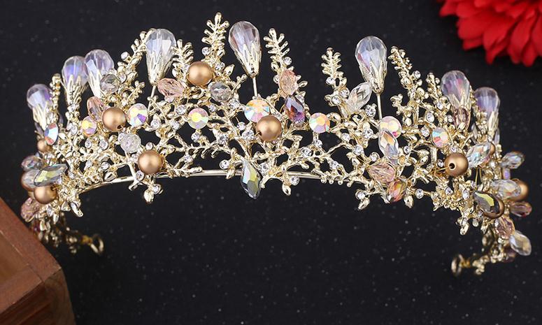 Gold Princess Headwear Chic Bridal Tiaras Accessories Stunning Crystals Pearls Wedding Tiaras And Crowns 15*5.5cm H88