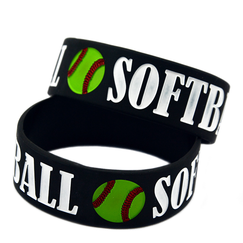 50PCS Softball 1 Inch Wide Silicone Rubber Bracelet Decoration Logo Black Adult Size for Sport Fans Gift