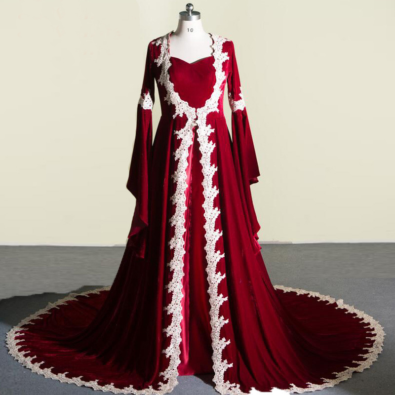Medieval Vintage Ivory Lace Appliqued Burgundy Velvet Wedding Dresses With Long Sleeve Bridal Coat Gothic Bridal Gowns Custom Made EN10139, Silver
Medieval Vintage Ivory Lace Appliqued Burgundy Velvet Wedding Dresses With Long Sleeve Bridal Coat Gothic Bridal Gowns Custom Made EN10139, Silver