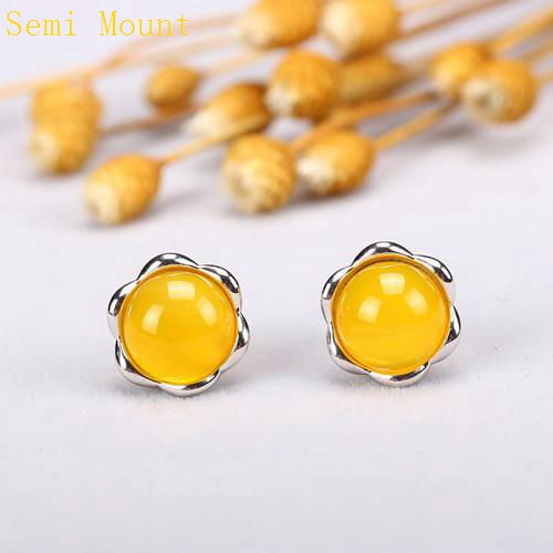 Fine Silver 9x9mm Round Cabochon Semi Mount Engagement Stud Earrings 925 Sterling Silver