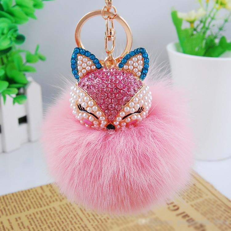 18Color Cute Bling Rhinestone Keychains Fox Real Rabbit Fur Ball y Keychain Car Key Chain Ring Pendant For Bag Charm