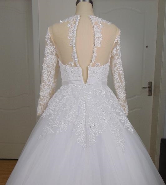 Ball Gown Sheer Long Sleeve Wedding Dresses Lace Applique Beaded V-neck Bridal Gowns Chapel Train Vestido De Casamento Actual Image