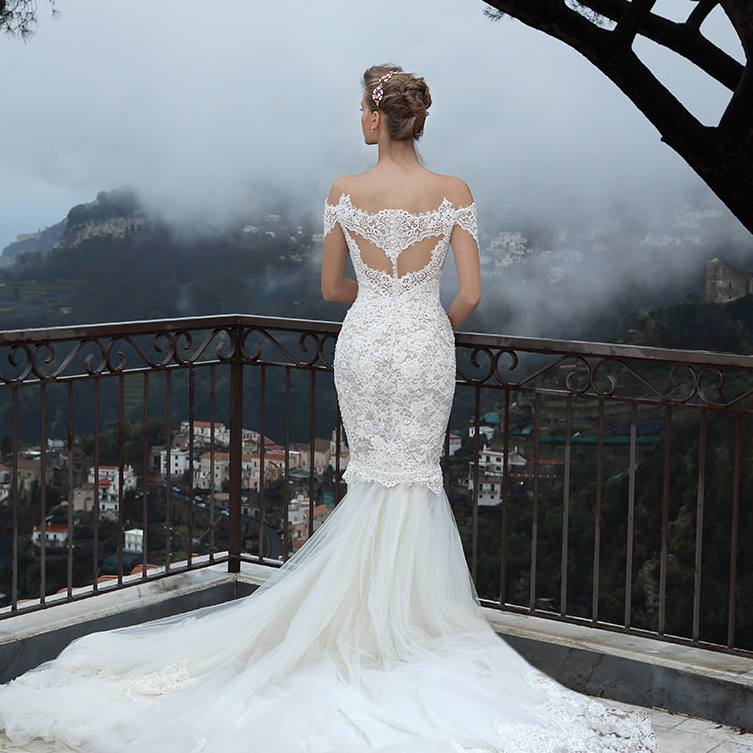 Elegant Lace Mermaid Dresses With Sheer Long Sleeves Off The Shoulder Bridal Gowns Sweep Train Tulle Trumpet Bohemia Wedding Dress